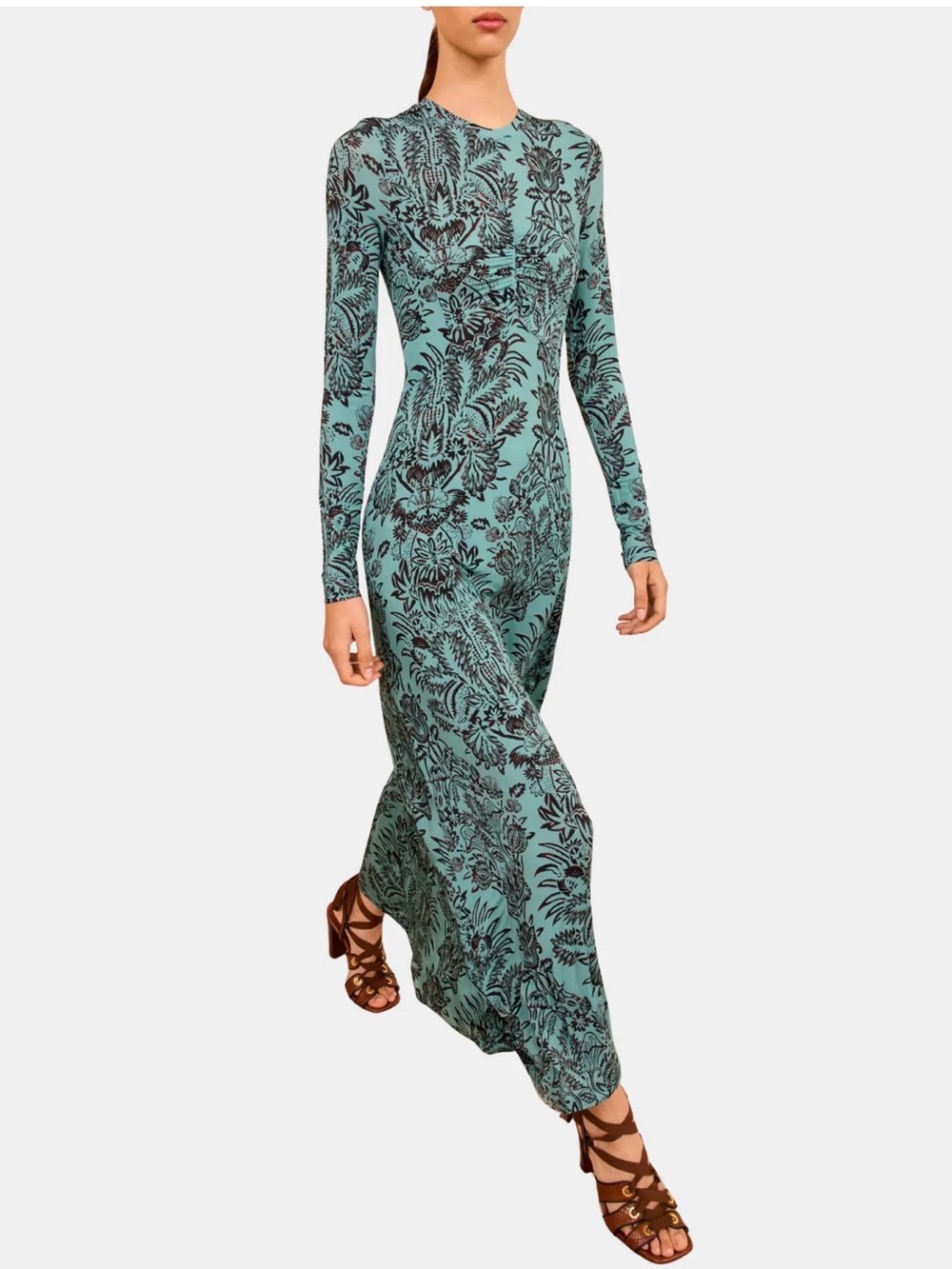 Ulla Johnson Teal Botanical-Print Long-Sleeve Maxi Dress